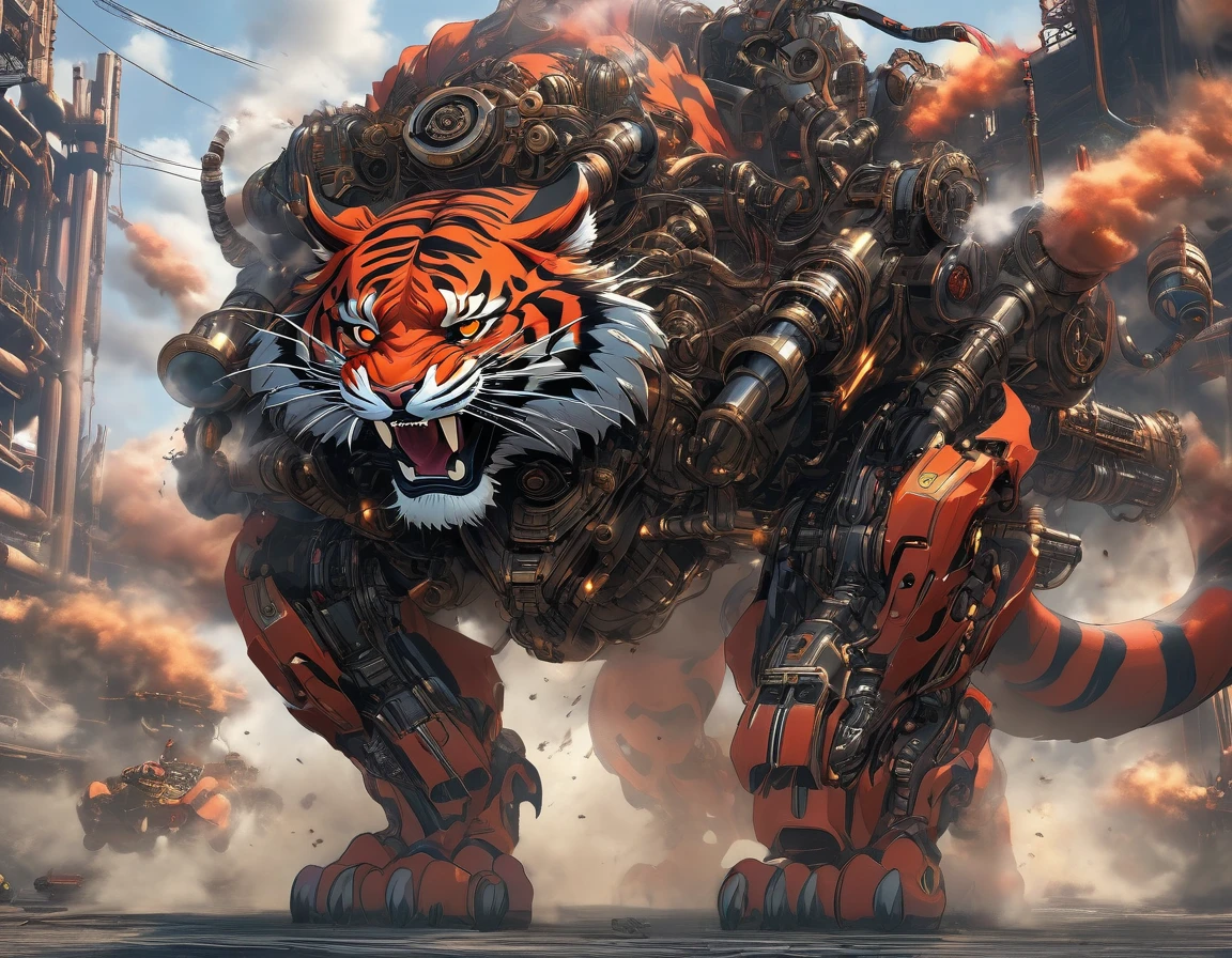 ((Masterpiece)), ((Best Quality)), (Very Detailed), ((Very Detailed)), 4K, (8K), very aesthetic, absurdres highres, create an image of a robotic mechanical beast in the form of a tiger, equipped with weaponry such as laser cannons and missiles suitable for a science fiction story. The mechanical tiger should have intricate details with gears, pistons, and metallic plates, glowing red eyes, steam coming out from its joints, visible wiring, hydraulic tubes, and a sense of wear and tear. It should have an aggressive stance, ready to pounce, with sharp claws and teeth made of polished steel, set against a dark, industrial background with hints of machinery and metal structures, 