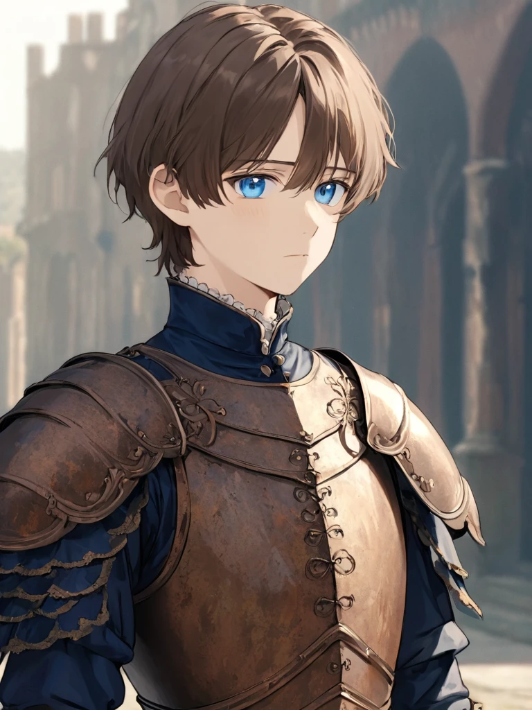 high_quality, 4k, masterpiece, 1boy, solo, ear-length brown hair, blue eyes, adult,Victorian_era_clothing, Simple_clothing, rusted_simple_cuirass_chestplate, stoic expression, fair-skinned, looking_at_viewer, outdoors
