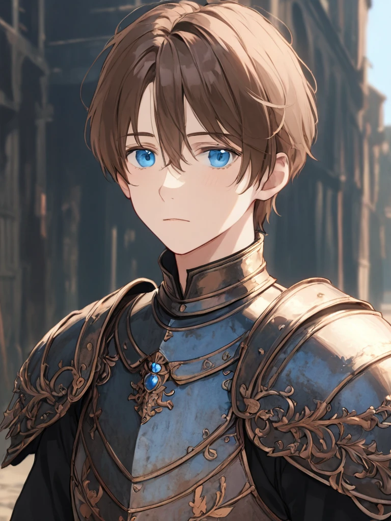 high_quality, 4k, masterpiece, 1boy, solo, ear-length brown hair, blue eyes, adult,Victorian_era_clothing, Simple_clothing, rusted_simple_cuirass_chestplate, stoic expression, fair-skinned, looking_at_viewer, outdoors