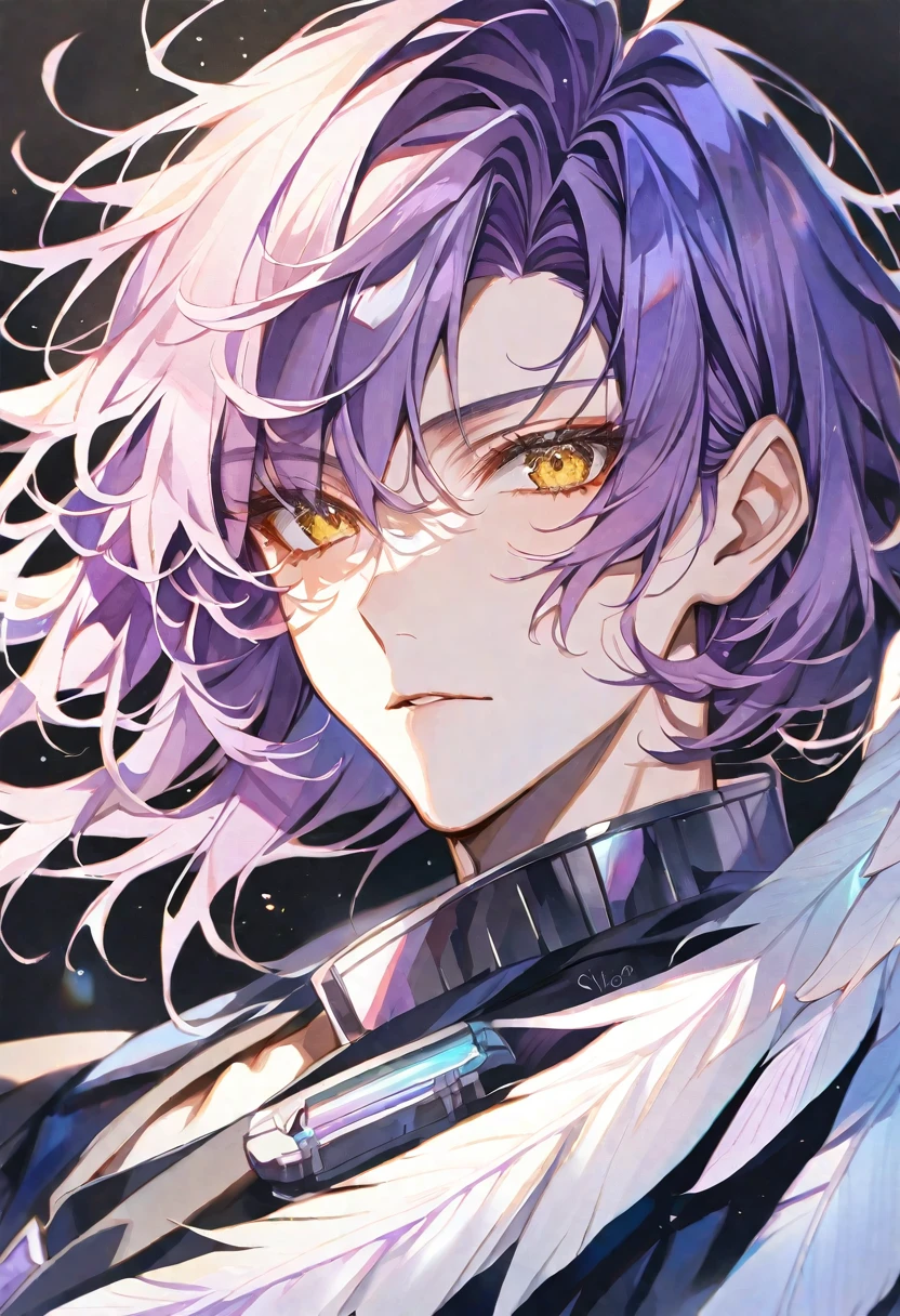 solo,handsome, Watercolor,
1. male,
hime cut,Straight Hair,Bob Hair,
purple hair,
yellow Eyes, Angel ,Angel feather,
Sexy,purple,
白い学ラン,
skin,Silver Accessories,Face up,İcon,
black background,