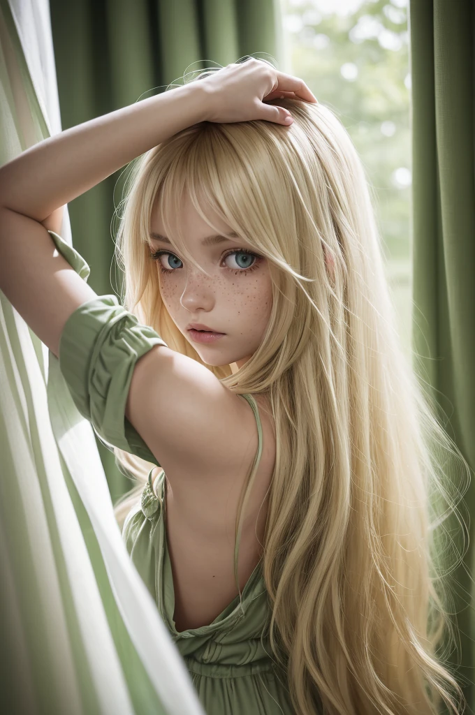 Beautiful work, a girl with long dark blonde hair with moss green streaks at the ends of her hair with a curtain bang cut, sharp nose, freckles on the face, in pajamas, with slightly messy hair, with an angry expression being photographed from behind