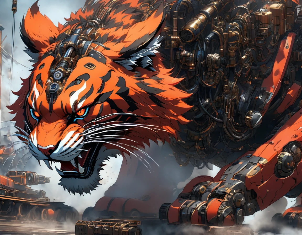((Masterpiece)), ((Best Quality)), (Very Detailed), ((Very Detailed)), 4K, (8K), very aesthetic, absurdres highres, create an image of a robotic mechanical beast in the form of a tiger, equipped with weaponry such as laser cannons and missiles suitable for a science fiction story. The mechanical tiger should have intricate details with gears, pistons, and metallic plates, glowing red eyes, steam coming out from its joints, visible wiring, hydraulic tubes, and a sense of wear and tear. It should have an aggressive stance, ready to pounce, with sharp claws and teeth made of polished steel, set against a dark, industrial background with hints of machinery and metal structures,