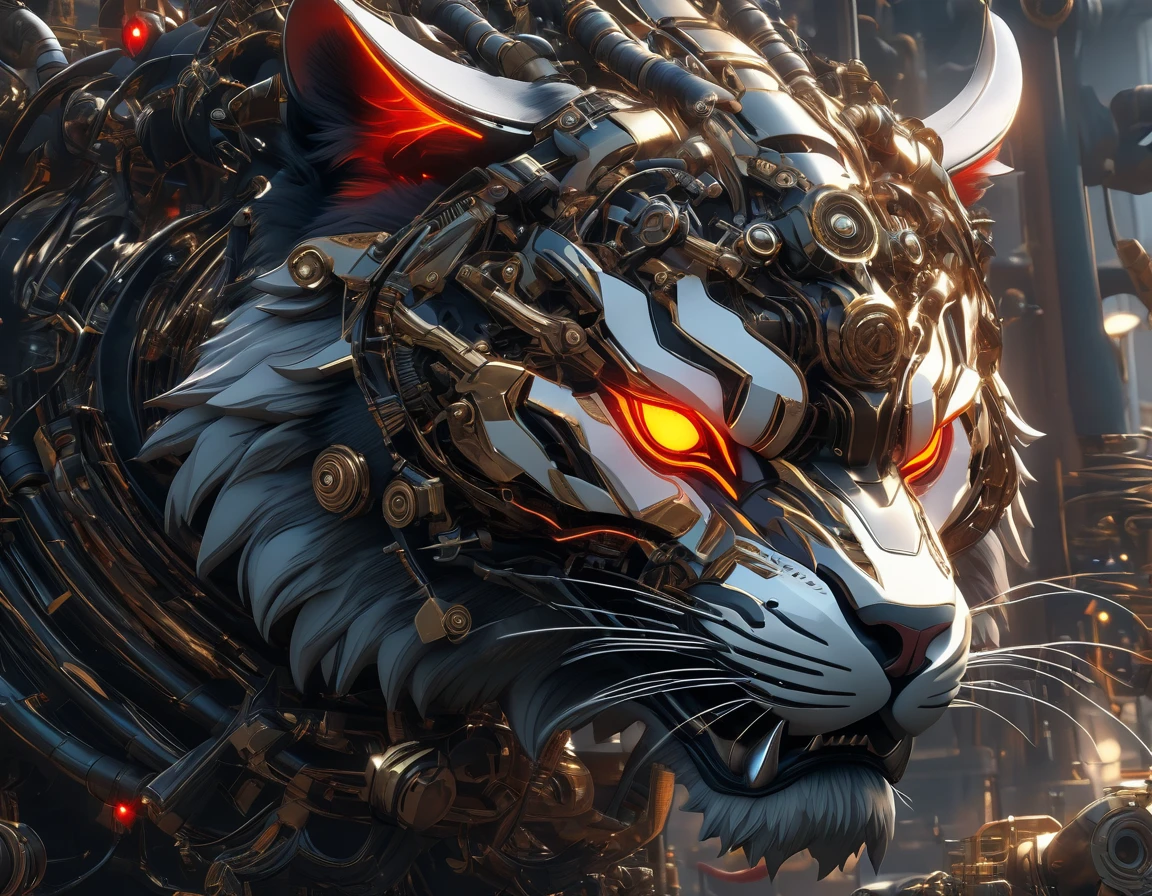 ((Masterpiece)), ((Best Quality)), (Very Detailed), ((Very Detailed)), 4K, (8K), very aesthetic, absurdres highres, create an image of a robotic mechanical beast in the form of a tiger, equipped with weaponry such as laser cannons and missiles suitable for a science fiction story. The mechanical tiger should have intricate details with gears, pistons, and metallic plates, glowing red eyes, steam coming out from its joints, visible wiring, hydraulic tubes, and a sense of wear and tear. It should have an aggressive stance, ready to pounce, with sharp claws and teeth made of polished steel, set against a dark, industrial background with hints of machinery and metal structures, 