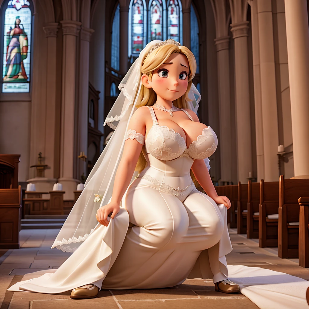 Bride with huge breasts in a bra waiting at the altar of a church to get married 