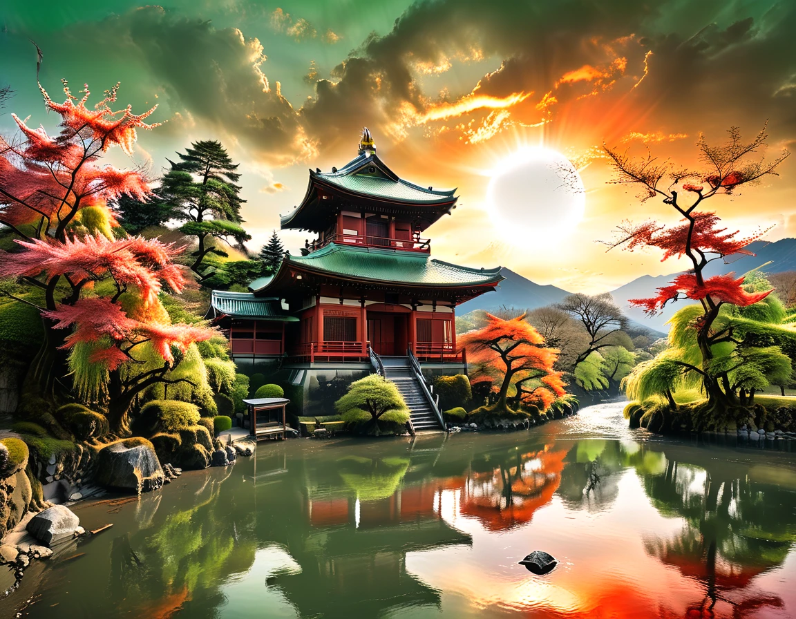 a National Geographic picture of dark Japanese medieval temple, as the sun (rises in the horizon: 1.1), it sits on the bank of a river near surrounded by cherry trees, almond trees, Japanese maple trees, (all trees in many colorful shades of green, red, pin, orange: 1.5) ((all scenery is reflected in the river: 1.5)), an epic ancient Japanese medieval temple, ancient and epic in its majestic antiquity, a sense of serenity, tranquility, divine rays, some clouds, sun rays, (highest quality:1.2, Very detailed, up to date, Vibrant, Ultra-high resolution, High Contrast, masterpiece:1.2, highest quality, Best aesthetics), best details, best quality, highres, ultra wide angle, 16k, [ultra detailed], masterpiece, best quality, (extremely detailed: 1.5), Cinematic Hollywood Film, RagingNebula