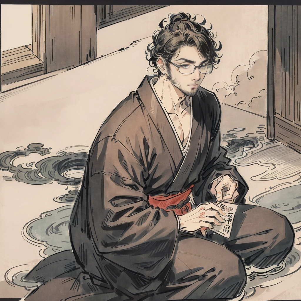 Draw even the texture of Japanese paper、Black and white woodblock prints in ink。Early Showa period、Wearing a kimono at about 25 years old、Highest image quality、Best texture、1 Asia man with stubble, slightly curly hair, and black square plastic-framed glasses