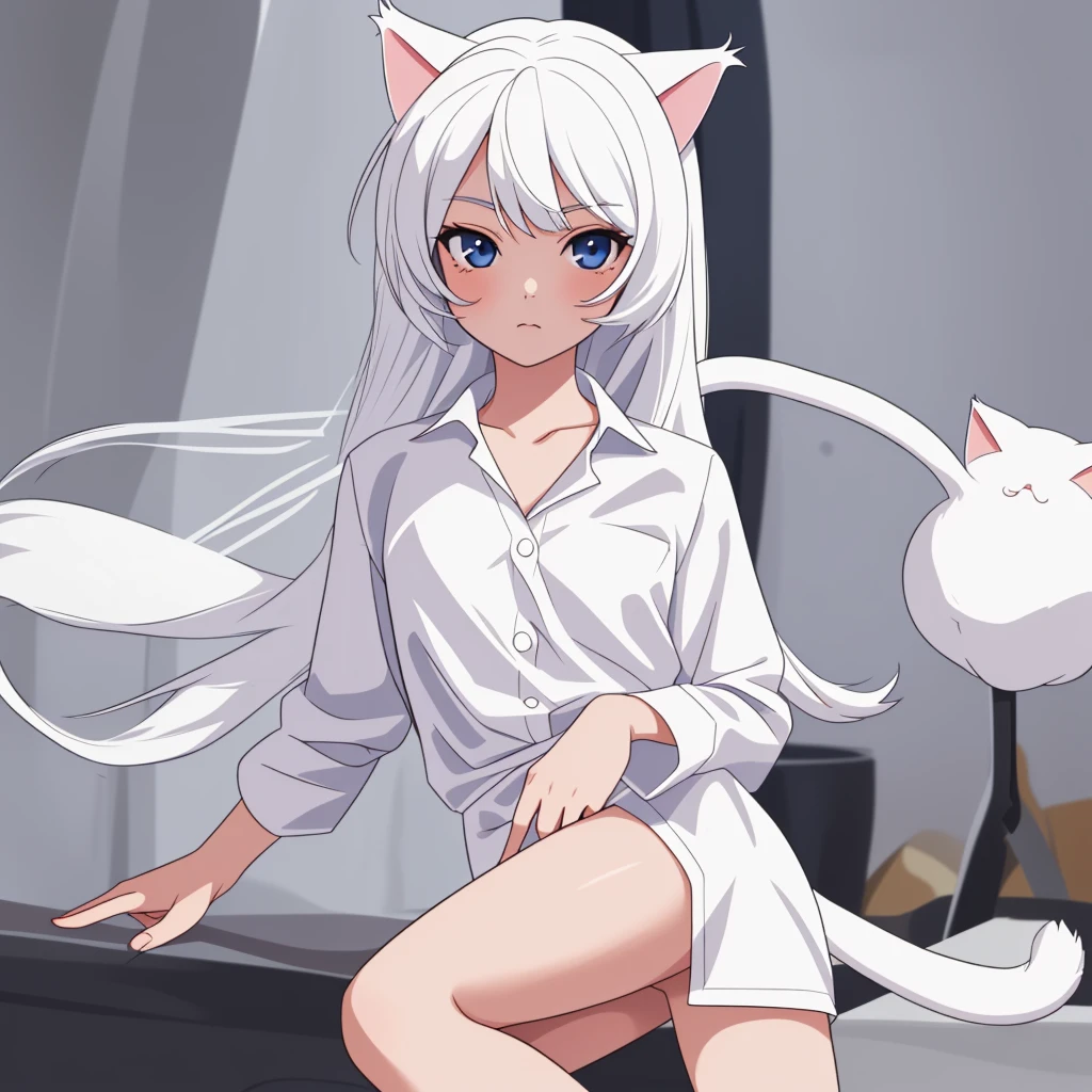 1girl, ebenya, looking at viewer, white hair, neko, cat ears, cat tail, white shirt, open clothes, russian city, ba-shiroko