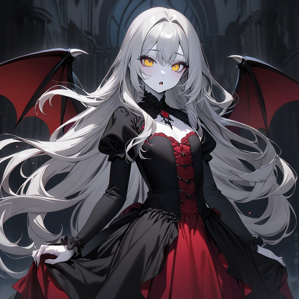 (professional photography style), (10 yo, solo curly silver hair long hair beautiful vampire girl, detailed yellow eyes, white skin, own back with biggest Bat Wings, detailed Canine mouth), in a black elegant dress, break, in the Old castle of night, background lightning:1.5, BREAK, perfect anatomy, masterpiece, best quality, 16k, beautiful detailed darkness:1.3, daydreaming expression.