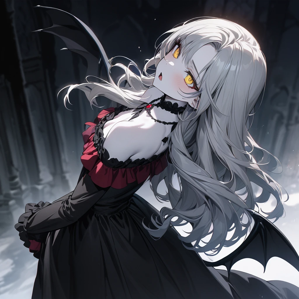 (professional photography style), (10 yo, solo curly silver hair long hair beautiful vampire girl, detailed yellow eyes, white skin, own back with biggest Bat Wings, detailed Canine mouth), in a black elegant dress, break, in the Old castle of night, background lightning:1.5, BREAK, perfect anatomy, masterpiece, best quality, 16k, beautiful detailed darkness:1.3, daydreaming expression.
