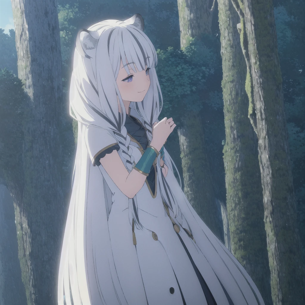 ((masterpiece)), (best quality), (ultra-detailed), photorealistic, (best illustration), ((an extremely delicate and beautiful)), 1girl, solo, long hair, tiger ears, [:tiger tail under:0.2], white hair, two-tone hair, full body, long blue cape, (Alternative outfit:1), platinum armor, cross-laced, standing, evil purple eyes, open eyes, smile, black skirt, short sleeves, detailed scenery, blue sky, horizon, low twin braids, twin braids, hair ornament, bracelet, (knight outfit:0.9), blush, no helmet, Cute but Formidable, girl knight, armor on body. 