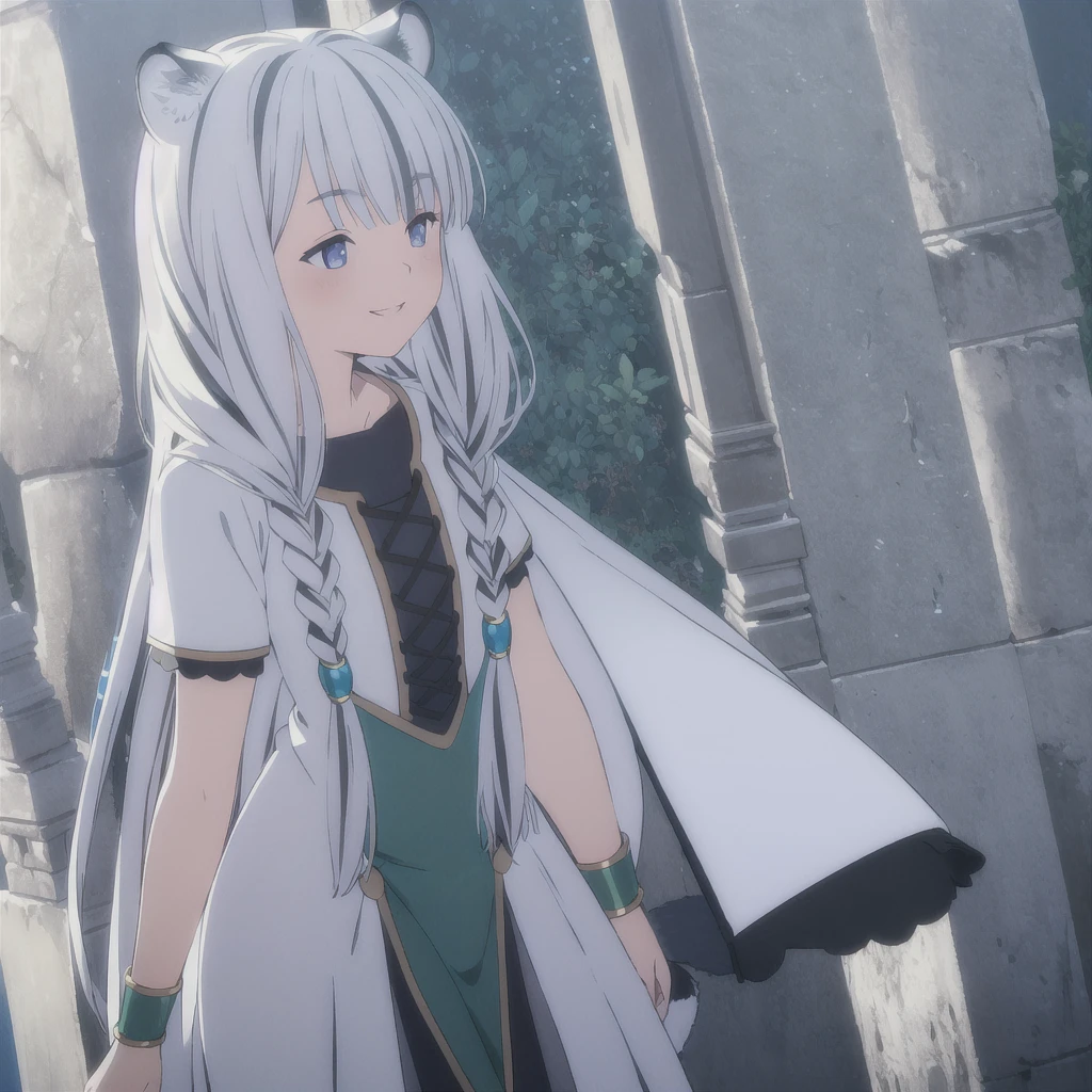 ((masterpiece)), (best quality), (ultra-detailed), photorealistic, (best illustration), ((an extremely delicate and beautiful)), 1girl, solo, long hair, tiger ears, [:tiger tail under:0.2], white hair, two-tone hair, full body, long blue cape, (Alternative outfit:1), platinum armor, cross-laced, standing, evil purple eyes, open eyes, smile, black skirt, short sleeves, detailed scenery, blue sky, horizon, low twin braids, twin braids, hair ornament, bracelet, (knight outfit:0.9), blush, no helmet, Cute but Formidable, girl knight, armor on body. 