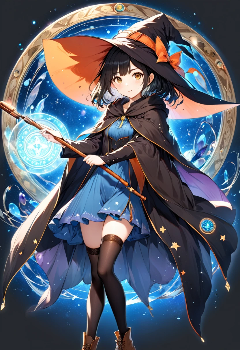 A beautiful witch in the style of Studio Ghibli, 1.55 tall, , medium-length black hair, light brown eyes, fair skin, wearing a knee-length transparent blue dress, black stockings and dark brown boots, a black and cinnamon cloak, a light brown handbag and a magic wand made of coral lizard. 8k image, ((highest quality)),(ultra high resolution),(Super detailed),(detailed description),((best GC)),(best artwork),super art precision,great drawing- art(Fantasy art with precise details:1.5),(witch:1.6),(and pretty cute shaped face:a 1.5),(Magic circle floating:1.6),dynamic pose:1.5,boots:1.3, magic circle, final fantasy XV style, 4K, super sexy, By Luciano75