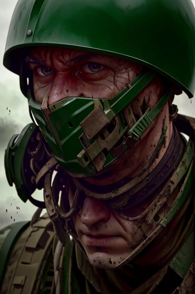 ((Artwork)), 4K, 1 man, bald, burn scar on face, wide nose, scared look, 21-year-old face, wearing green military helmet, green camouflage military equipment, dirty dirt, on his knees, combat scene, broken tanks in the background, raining, expressive, close-up camera, cloudy.