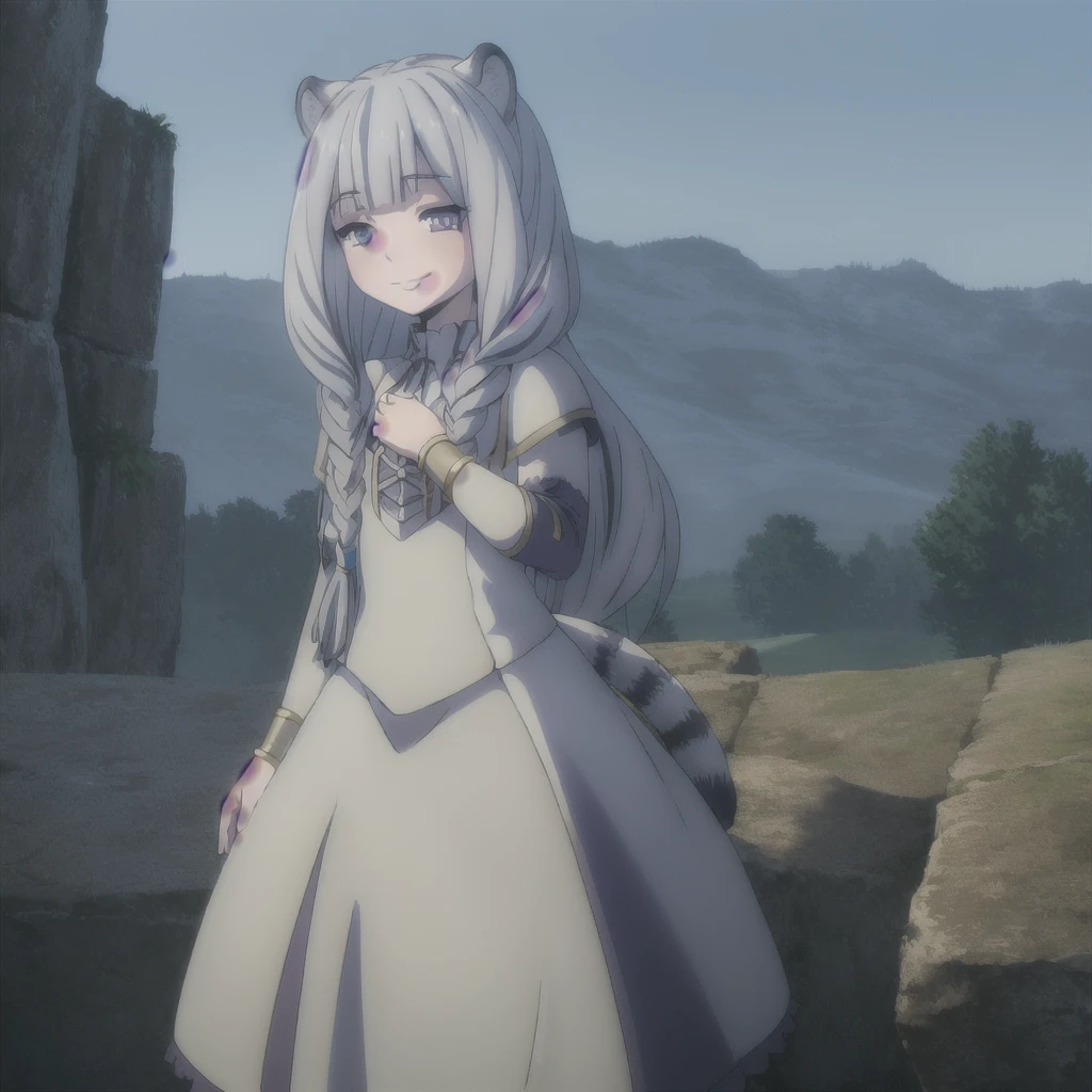 ((masterpiece)), (best quality), (ultra-detailed), photorealistic, (best illustration), ((an extremely delicate and beautiful)), 1girl, solo, long hair, tiger ears, [:tiger tail under:0.2], white hair, two-tone hair, full body, long blue cape, (Alternative outfit:1), platinum armor, cross-laced, standing, evil purple eyes, open eyes, smile, black skirt, short sleeves, detailed scenery, blue sky, horizon, low twin braids, twin braids, hair ornament, bracelet, (knight outfit:0.9), blush, no helmet, Cute but Formidable, girl knight, armor on body. 