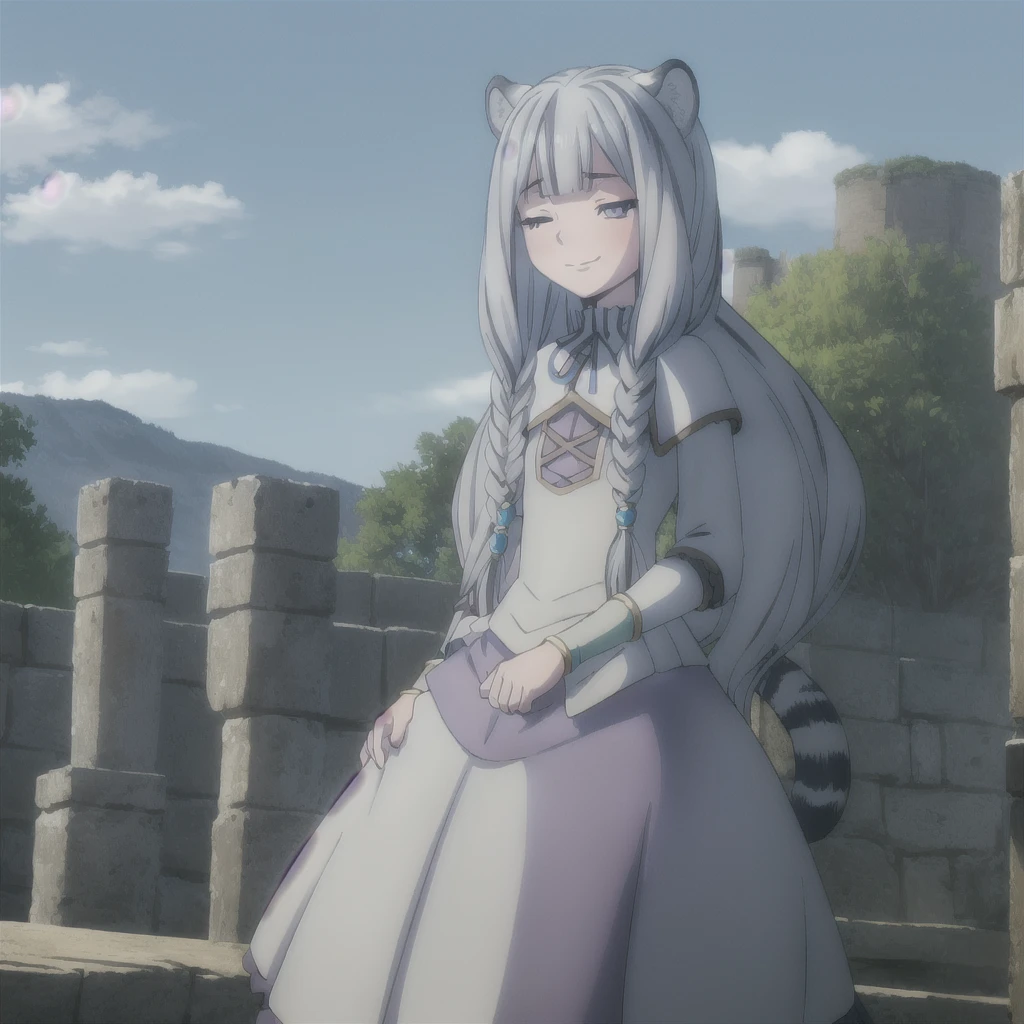 ((masterpiece)), (best quality), (ultra-detailed), photorealistic, (best illustration), ((an extremely delicate and beautiful)), 1girl, solo, long hair, tiger ears, [:tiger tail under:0.2], white hair, two-tone hair, full body, long blue cape, (Alternative outfit:1), platinum armor, cross-laced, standing, evil purple eyes, open eyes, smile, black skirt, short sleeves, detailed scenery, blue sky, horizon, low twin braids, twin braids, hair ornament, bracelet, (knight outfit:0.9), blush, no helmet, Cute but Formidable, girl knight, armor on body. 