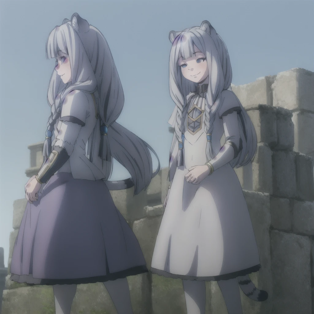 ((masterpiece)), (best quality), (ultra-detailed), photorealistic, (best illustration), ((an extremely delicate and beautiful)), 1girl, solo, long hair, tiger ears, [:tiger tail under:0.2], white hair, two-tone hair, full body, long blue cape, (Alternative outfit:1), platinum armor, cross-laced, standing, evil purple eyes, open eyes, smile, black skirt, short sleeves, detailed scenery, blue sky, horizon, low twin braids, twin braids, hair ornament, bracelet, (knight outfit:0.9), blush, no helmet, Cute but Formidable, girl knight, armor on body. 