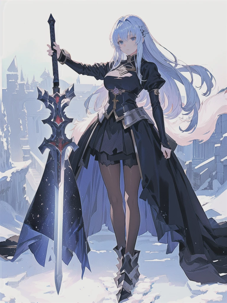 Anime girl with sword and armor in a snowy town, Beautiful fantasy anime, She has a sword, Zerochan Art, Gothic Maiden Anime Girl, Beautiful anime art, High quality anime art, Anime fantasy artwork, Detailed anime art, High-resolution anime art, Beautiful anime artwork, beautiful sword, Detailed Key Anime Art, With a big sword