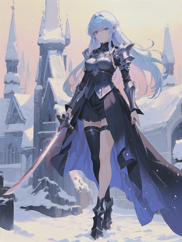 Anime girl with sword and armor in a snowy town, Beautiful fantasy anime, She has a sword, Zerochan Art, Gothic Maiden Anime Girl, Beautiful anime art, High quality anime art, Anime fantasy artwork, Detailed anime art, High-resolution anime art, Beautiful anime artwork, beautiful sword, Detailed Key Anime Art, With a big sword