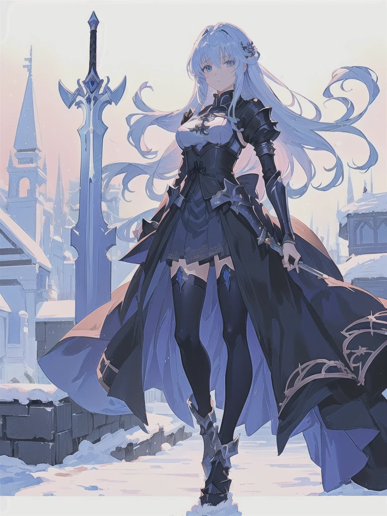 Anime girl with sword and armor in a snowy town, Beautiful fantasy anime, She has a sword, Zerochan Art, Gothic Maiden Anime Girl, Beautiful anime art, High quality anime art, Anime fantasy artwork, Detailed anime art, High-resolution anime art, Beautiful anime artwork, beautiful sword, Detailed Key Anime Art, With a big sword