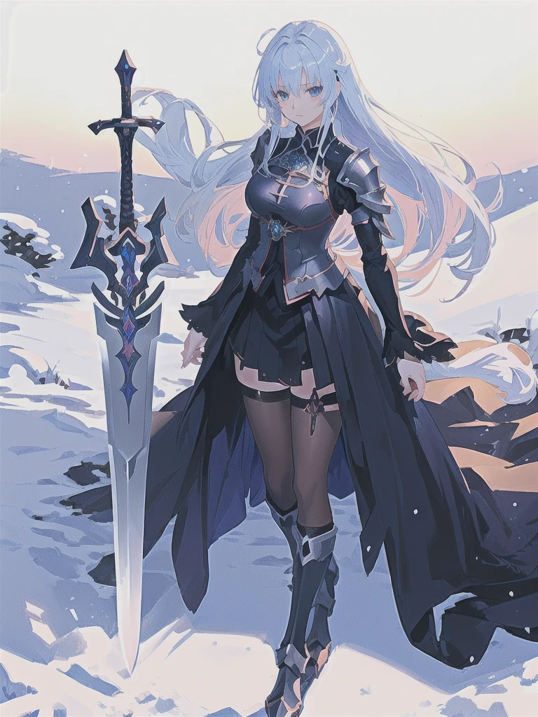 Anime girl with sword and armor in a snowy town, Beautiful fantasy anime, She has a sword, Zerochan Art, Gothic Maiden Anime Girl, Beautiful anime art, High quality anime art, Anime fantasy artwork, Detailed anime art, High-resolution anime art, Beautiful anime artwork, beautiful sword, Detailed Key Anime Art, With a big sword