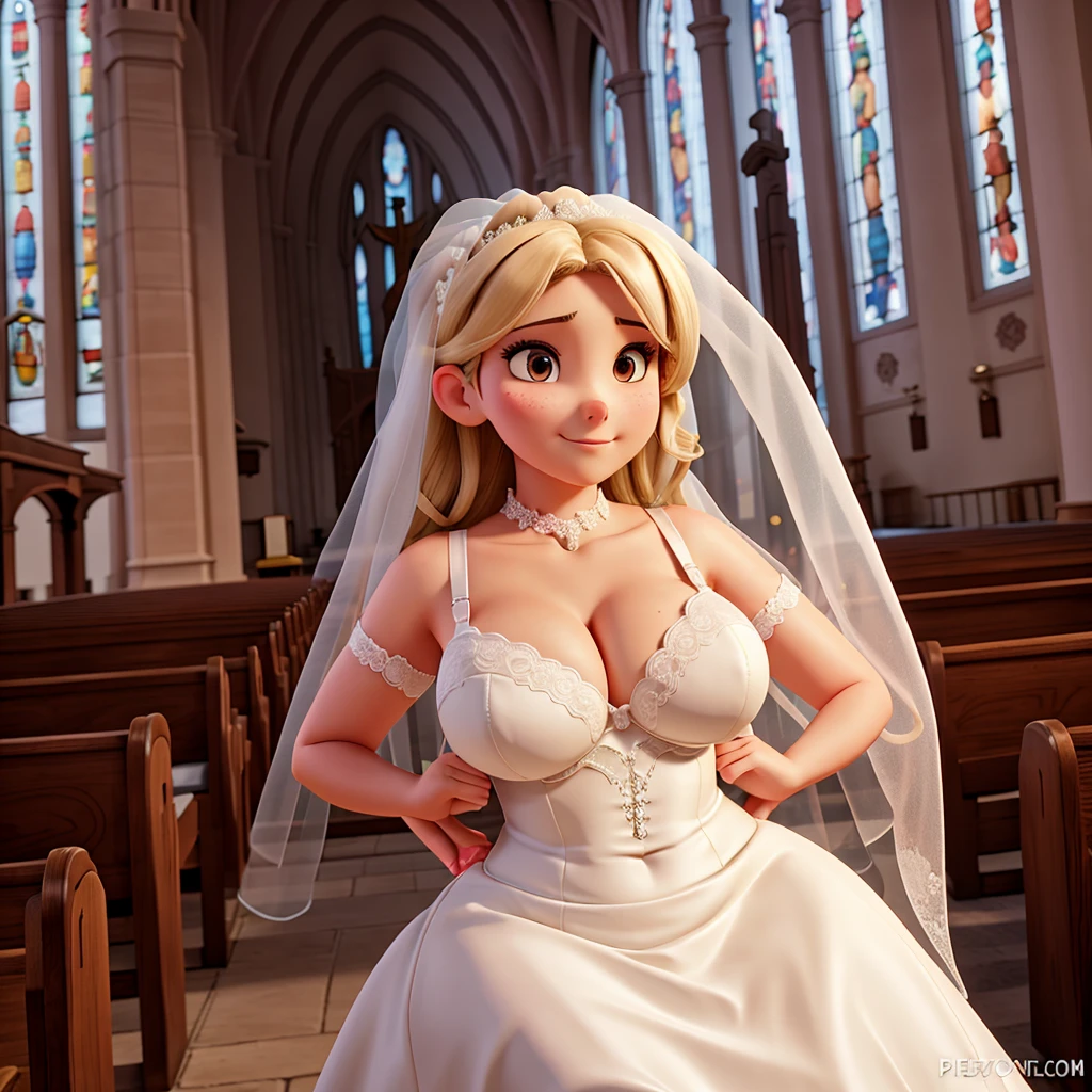 Bride with huge breasts in a bra waiting at the altar of a church