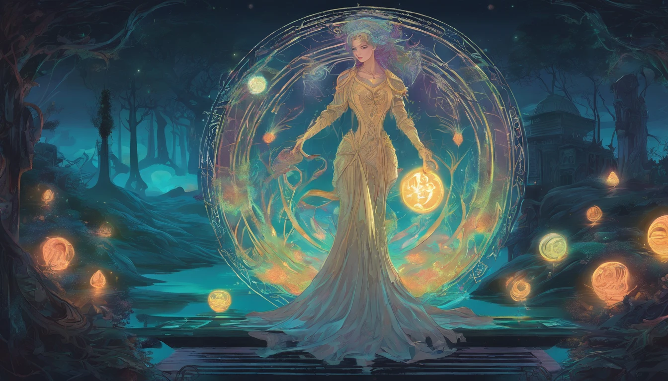 Enchanted witch encountering an alien life form, Magic ghost flower from the abyss, Lit by bioluminescent plants, Very detailed, Glowing lawn, Art Nouveau influences, Amazing moon art. (Luminescent hair), (detailed pearl blue eye), goddess soul, (Magic Swirl Style), looking at the viewer, detailed face, (Luminescent Lighting Magic Circle Theme), perched on a ledge, tight neon body, stripes light, dark abyssal wanderer, (Neon Luminescence Dress with Celtic details), inscribed with mystical runes, dystopian outdoor background.