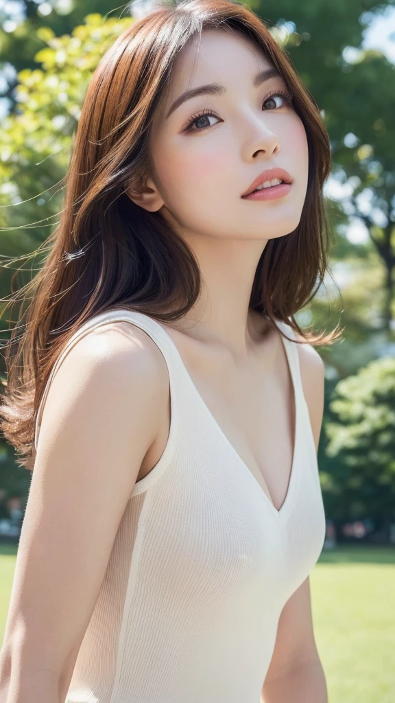 (highest quality、table top、8k、best image quality、Award-winning work)、One cute beauty、straight medium hair、(alone:1.2)、(The latest summer fashion for 2024:1.2)、(The Background of a park in Tokyo, Japan:1.6)、(Perfectly fixed at the front:1.1)、close up of face、(very big breasts:1.3)、(emphasize body line:1.2)、(Perfect female frontal and horizontal portrait with proper margins:1.2)、(Perfect expression of a woman whether viewed from the side or from the front:1.2)、beautiful and detailed eyes、look at me and smile、(Upright photo from the chest up:1.2)、(turn around and look straight at me:1.2)、(perfect makeup:1.1)、bright lipstick、Ultra high definition beauty face、ultra high definition hair、Super high-definition sparkling eyes、Super high resolution perfect teeth、Super high resolution glossy lips、accurate anatomy、very beautiful skin、(Pure white skin shining in ultra-high resolution:1.2)、Elegant upright posture when viewed from the front、(very bright:1.3)