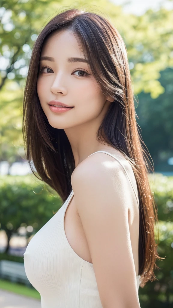 (highest quality、table top、8k、best image quality、Award-winning work)、One cute beauty、straight medium hair、(alone:1.2)、(The latest summer fashion for 2024:1.2)、(The Background of a park in Tokyo, Japan:1.6)、(Perfectly fixed at the front:1.1)、close up of face、(very big breasts:1.3)、(emphasize body line:1.2)、(Perfect female frontal and horizontal portrait with proper margins:1.2)、(Perfect expression of a woman whether viewed from the side or from the front:1.2)、beautiful and detailed eyes、look at me and smile、(Upright photo from the chest up:1.2)、(turn around and look straight at me:1.2)、(perfect makeup:1.1)、bright lipstick、Ultra high definition beauty face、ultra high definition hair、Super high-definition sparkling eyes、Super high resolution perfect teeth、Super high resolution glossy lips、accurate anatomy、very beautiful skin、(Pure white skin shining in ultra-high resolution:1.2)、Elegant upright posture when viewed from the front、(very bright:1.3)