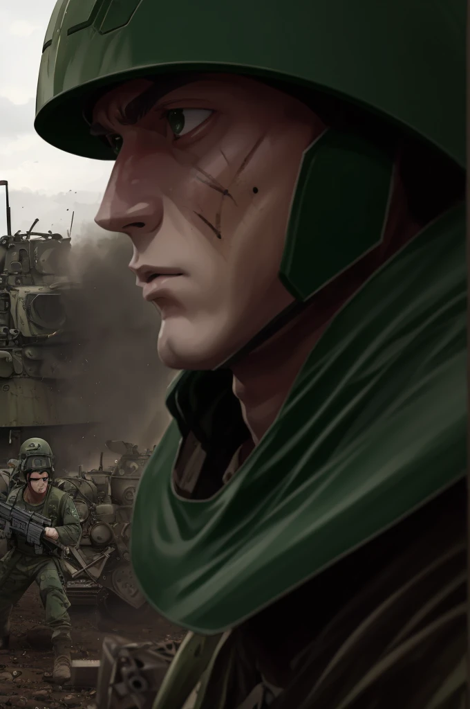 ((Artwork)), 4K, 1 man, bald, 2000s anime style, burn scar on face, wide nose, scared look, 21-year-old face, wearing green military helmet, green camouflage military equipment, dirty dirt, knees, combat scene, broken tanks in the background, raining, close-up camera, cloudy.