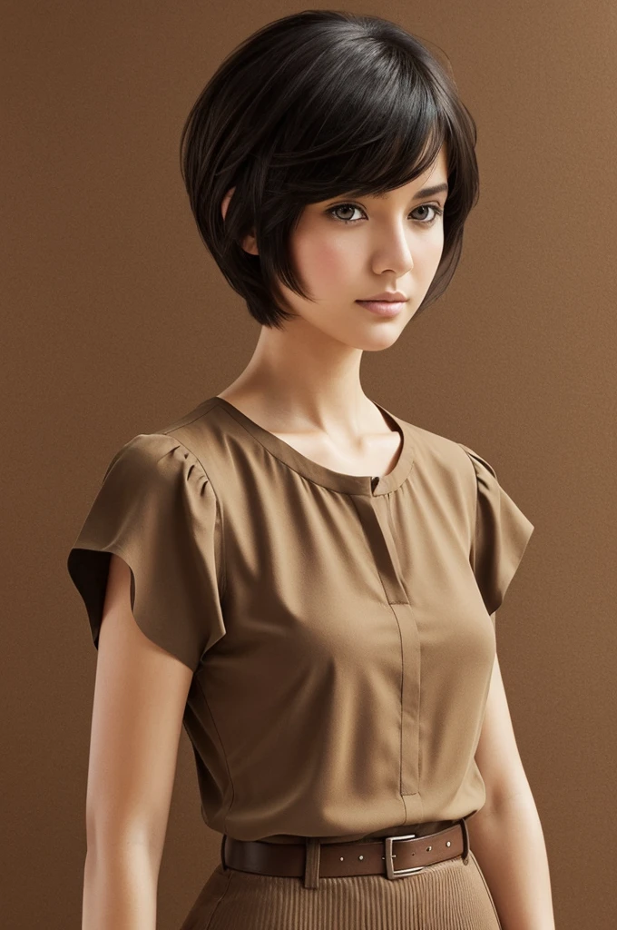 A digital drawing of a serious girl, Raven haired, layered and short hair, Brown eyes, short-sleeved coffee-colored blouse. The drawing must be from the shoulders down.