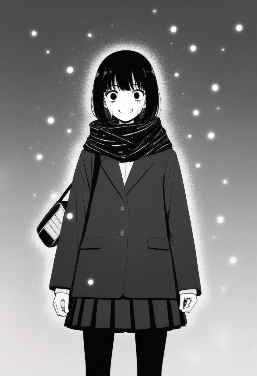 masterpiece, best quality, 1girl, mamerakkkkko, grayscale, manga style, japanese, chi no wadachi, black eyes, street, iced, black hair, schoolbag, smile, lineart, black coat, black scarf, black pleated skirt, leggins, centered, 18 years old, tall, fair skinned, bokeh background, crying, tears, straight-on, tears streaming, bob cut, light particles, centered, snowing, reaching_towards_viewer