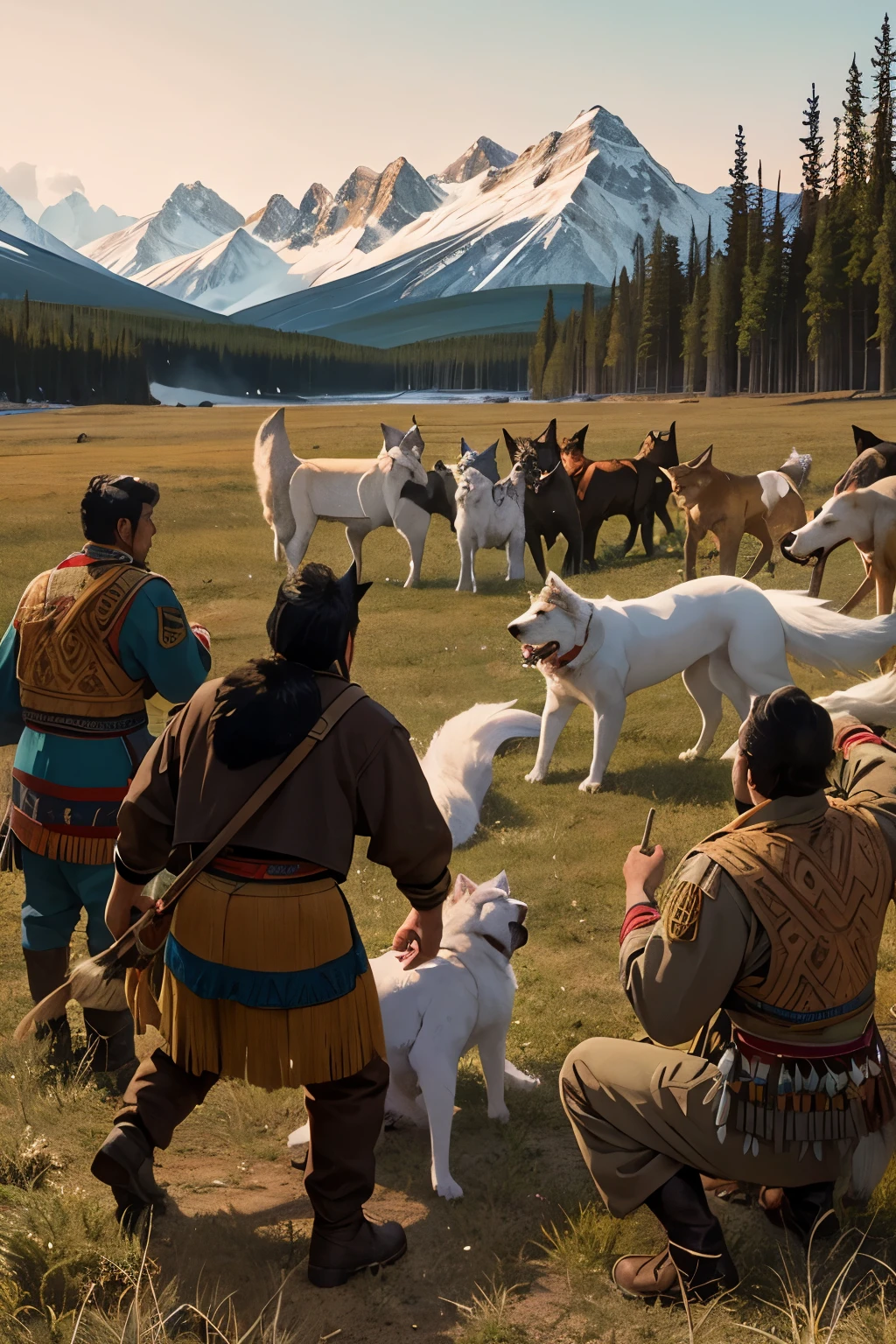White Fang, a young wolf-dog, is captured by Native American Indians. The scene shows the men surrounding the scared but defiant pup, with the vast, wild Yukon wilderness in the background