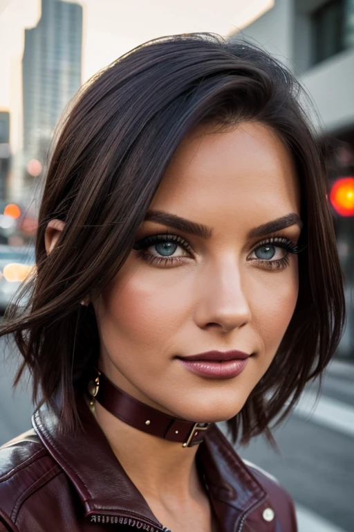 best quality, realistic, front pov, KristannaTX in a los angeles city street, (a female german supermodel), (wine red leather jacket, erect collar, button closure:1.1), cleavage, seductive smile, (dark hair), (updo hair:1.0), perfect eyes, sharp details, detailed face, face makeup, cheeks blush, eyeliner, eyeshadows, lip gloss, supermodel, (deep focus), (hard lighting), (night time), (realistic lighting:1.0)