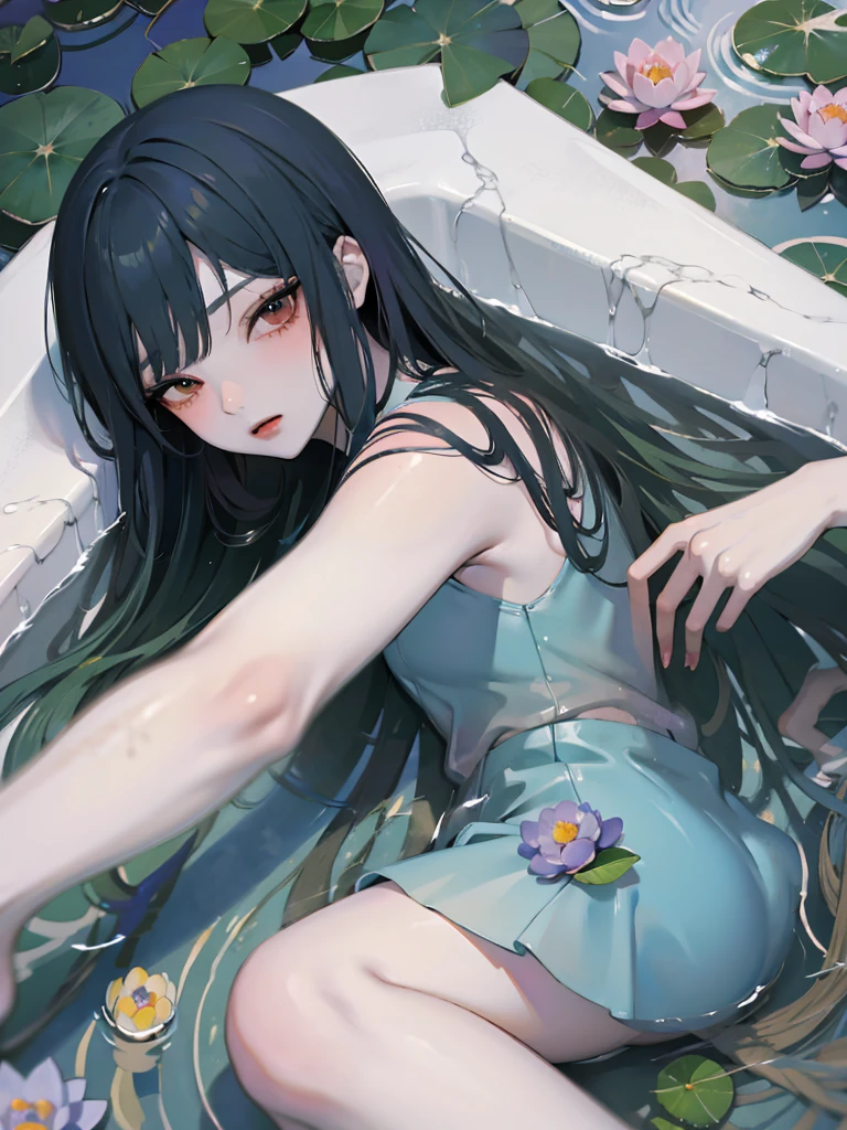 Anime girl lying in a bathtub with water lilies, artwork in the style of Gwaiz, Gwaiz, Gwaiz on pixiv artstation, Gwaiz on artstation pixiv, Gwaiz masterpiece, Soft anime illustration, Created by Anime Painter Studio, Reusch and Urop, By Chen Yanjun, Beautiful Anime Girls, At the pond