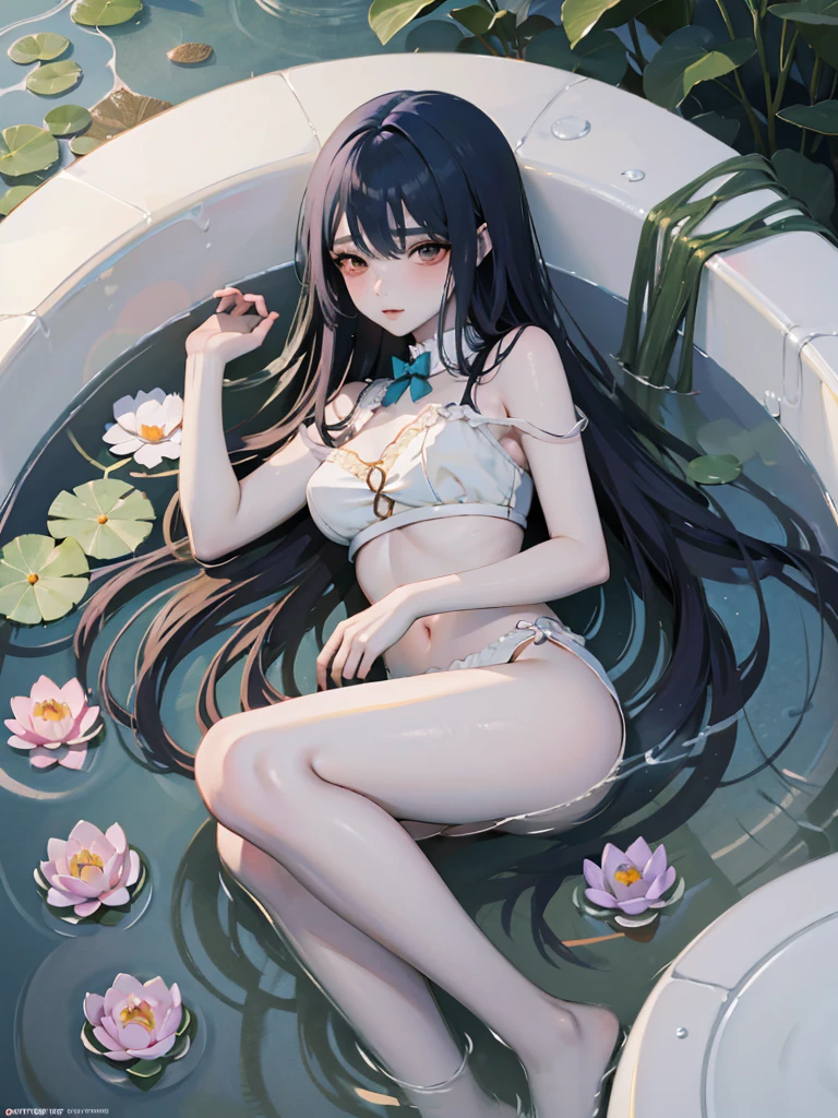 Anime girl lying in a bathtub with water lilies, artwork in the style of Gwaiz, Gwaiz, Gwaiz on pixiv artstation, Gwaiz on artstation pixiv, Gwaiz masterpiece, Soft anime illustration, Created by Anime Painter Studio, Reusch and Urop, By Chen Yanjun, Beautiful Anime Girls, At the pond