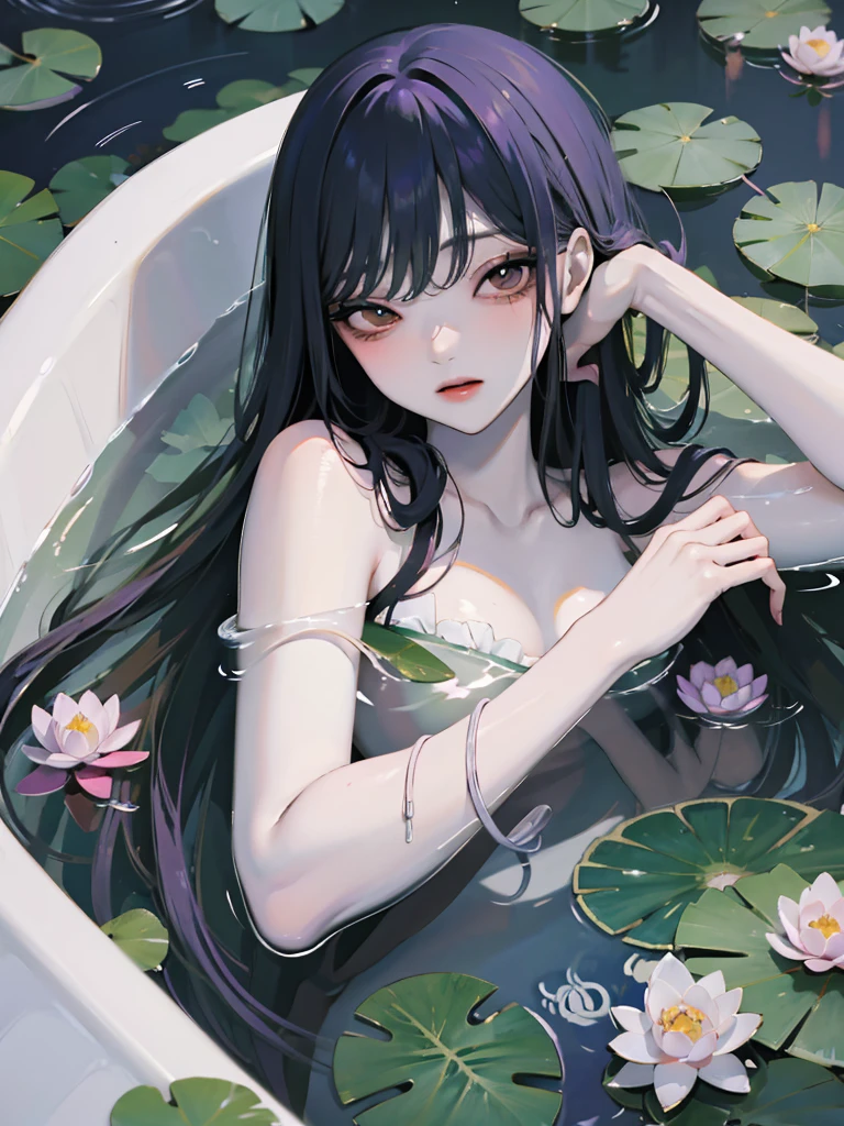 Anime girl lying in a bathtub with water lilies, artwork in the style of Gwaiz, Gwaiz, Gwaiz on pixiv artstation, Gwaiz on artstation pixiv, Gwaiz masterpiece, Soft anime illustration, Created by Anime Painter Studio, Reusch and Urop, By Chen Yanjun, Beautiful Anime Girls, At the pond