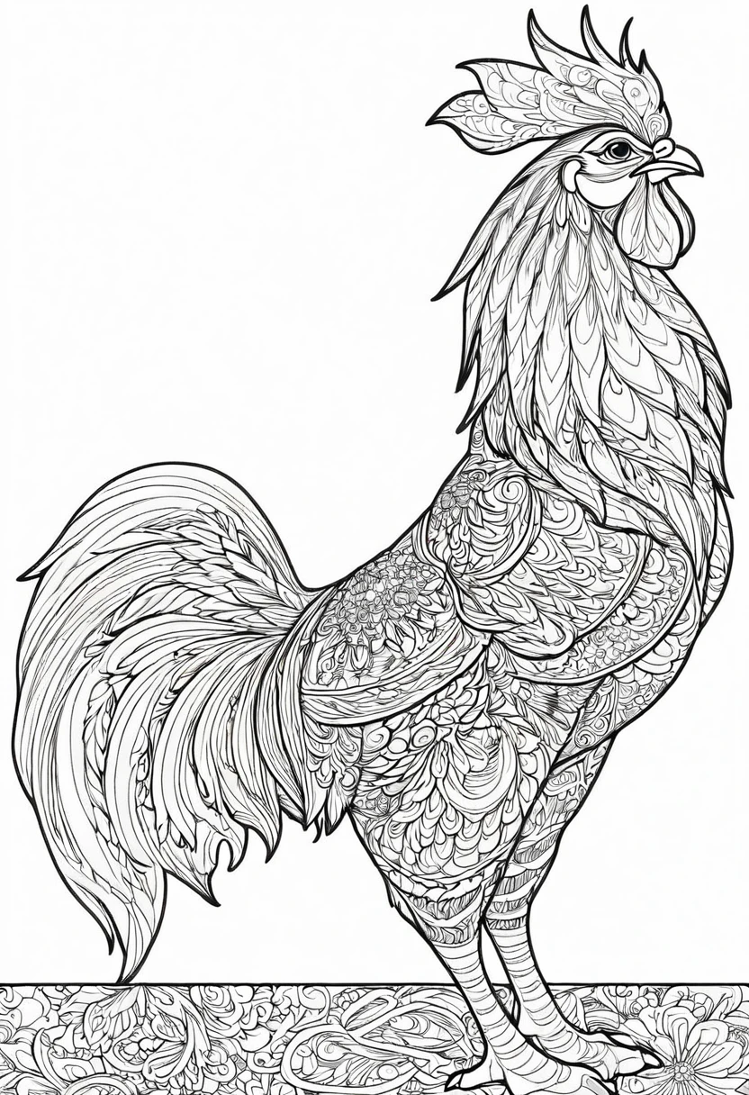 a coloring page with a rooster, black and white coloring, Coloring book outline, Detailed line art, clean coloring book page, stylized lines, art outline, detailed drawing in 4k, line art coloring page, detailed art, hyper Detailed line art, detailed digital drawing, Coloring Pages, coloring pages, extremely fine ink line