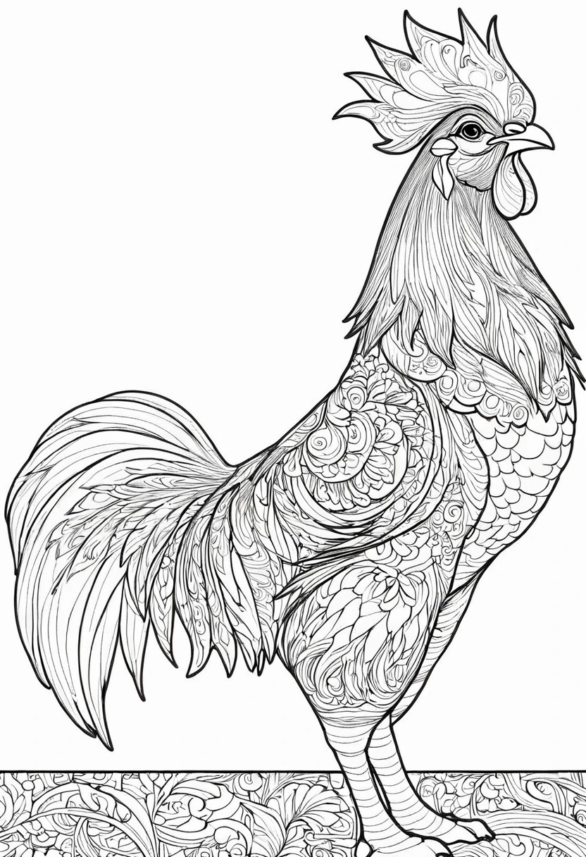 a coloring page with a rooster, black and white coloring, Coloring book outline, Detailed line art, clean coloring book page, stylized lines, art outline, detailed drawing in 4k, line art coloring page, detailed art, hyper Detailed line art, detailed digital drawing, Coloring Pages, coloring pages, extremely fine ink line