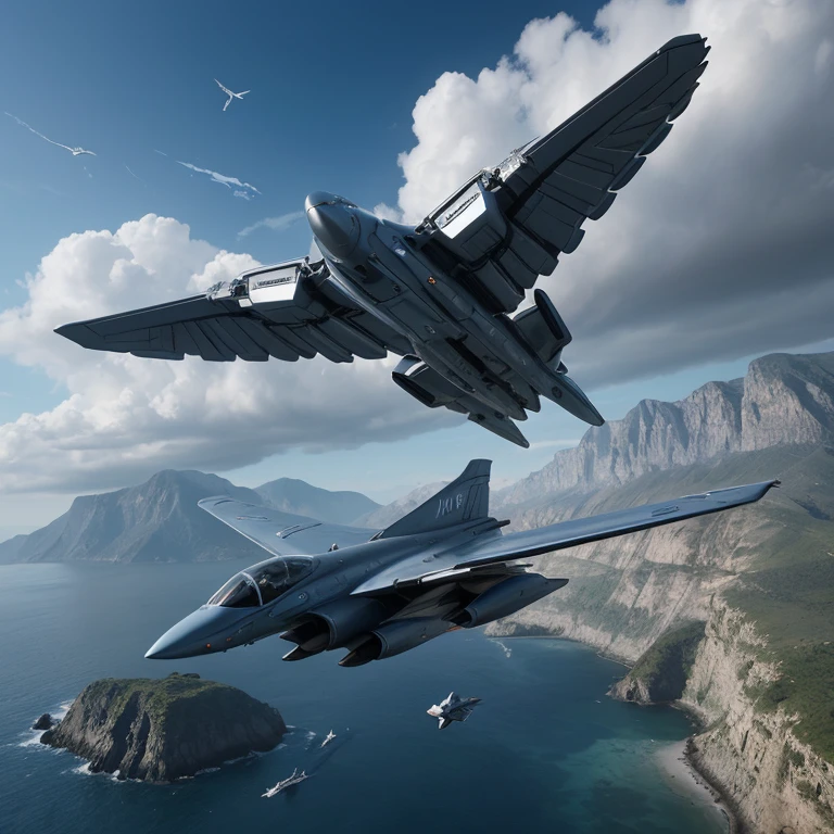 a majestic bird-like aircraft, futuristic aircraft, sleek aerodynamic design, metallic silver body, glowing blue engines, sweeping wings, dynamic flying pose, cinematic lighting, dramatic shadows, photorealistic 8k, intricate details, cinematic composition, awe-inspiring sci-fi aesthetics, vibrant colors, seamless blending of organic and mechanical elements, masterpiece digital art