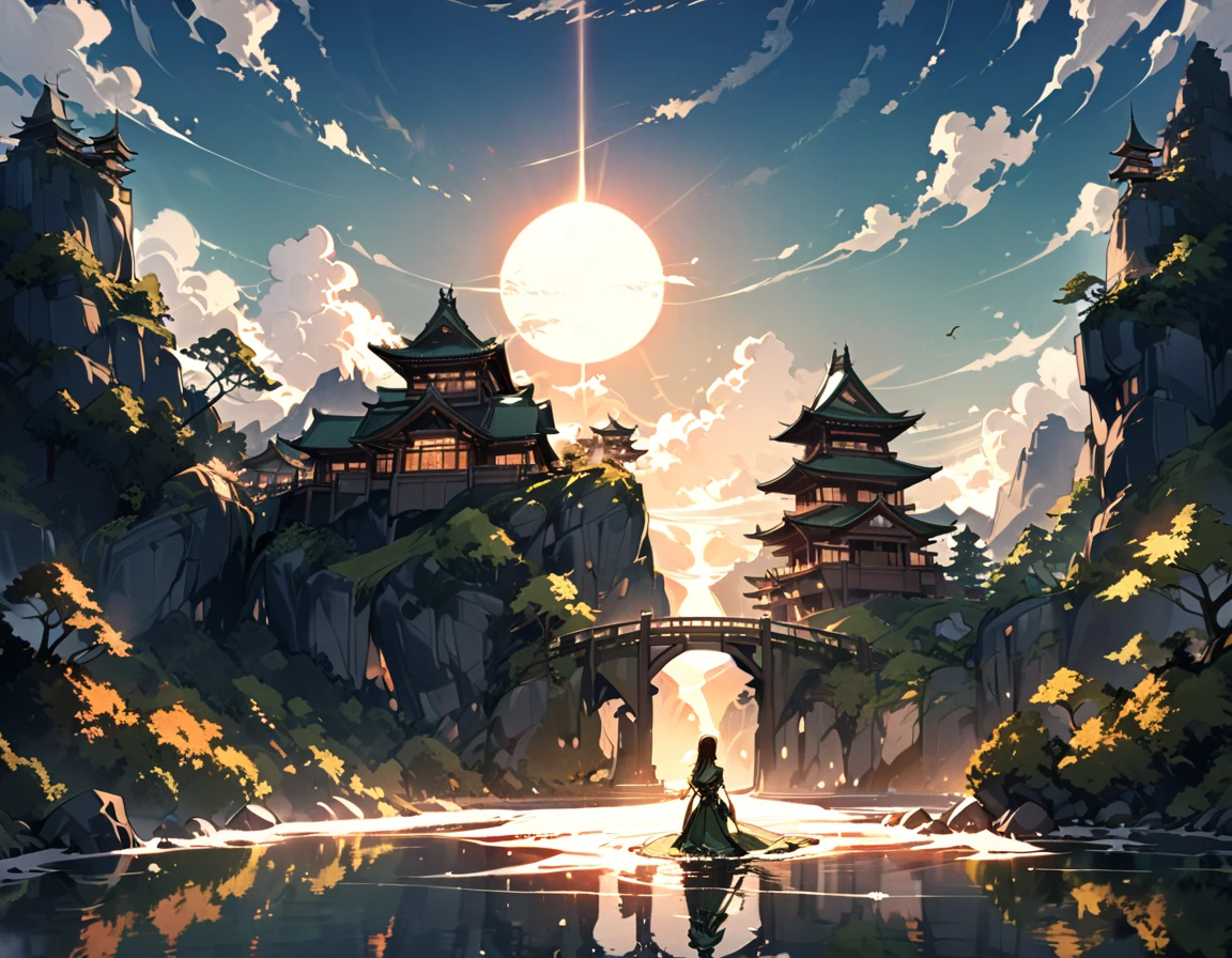 a National Geographic picture of dark Japanese medieval temple, as the ((sun rises in the horizon: 1.1)), it sits on the bank of a river near surrounded by cherry trees, almond trees, Japanese maple trees, (all trees in many colorful shades of green, red, pin, orange: 1.5) ((all scenery is reflected in the river: 1.5)), an epic ancient Japanese medieval temple, ancient and epic in its majestic antiquity, a sense of serenity, tranquility, divine rays, some clouds, sun rays, (highest quality:1.2, Very detailed, up to date, Vibrant, Ultra-high resolution, High Contrast, masterpiece:1.2, highest quality, Best aesthetics), best details, best quality, highres, ultra wide angle, 16k, [ultra detailed], masterpiece, best quality, (extremely detailed: 1.5), Cinematic Hollywood Film, dark novel