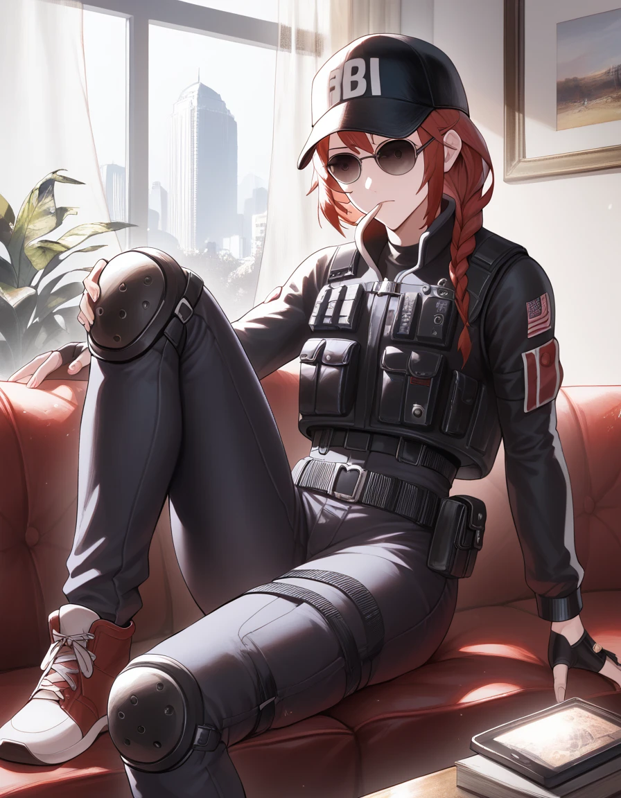 check_9, check_8, check_7, source_Anime,
smoke, asdef, Red hair, black jacket, black shirt, long sleeves, bulletproof vest, black trousers, knee pads, fingerless gloves, baseball cap, sunglasses,
1 girl, One, living room, sofa, relaxing