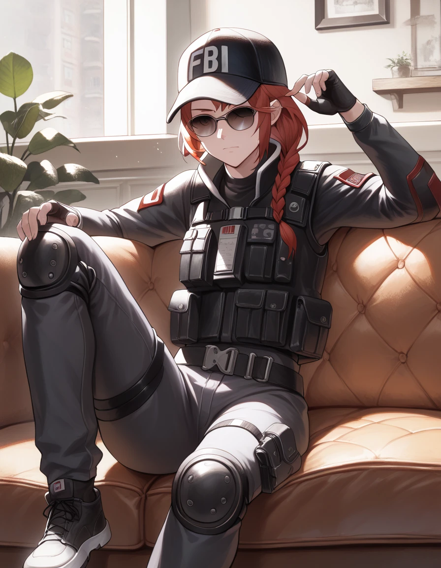 check_9, check_8, check_7, source_Anime,
smoke, asdef, Red hair, black jacket, black shirt, long sleeves, bulletproof vest, black trousers, knee pads, fingerless gloves, baseball cap, sunglasses,
1 girl, One, living room, sofa, relaxing