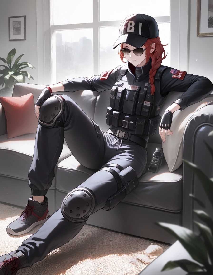 check_9, check_8, check_7, source_Anime,
smoke, asdef, Red hair, black jacket, black shirt, long sleeves, bulletproof vest, black trousers, knee pads, fingerless gloves, baseball cap, sunglasses,
1 girl, One, living room, sofa, relaxing