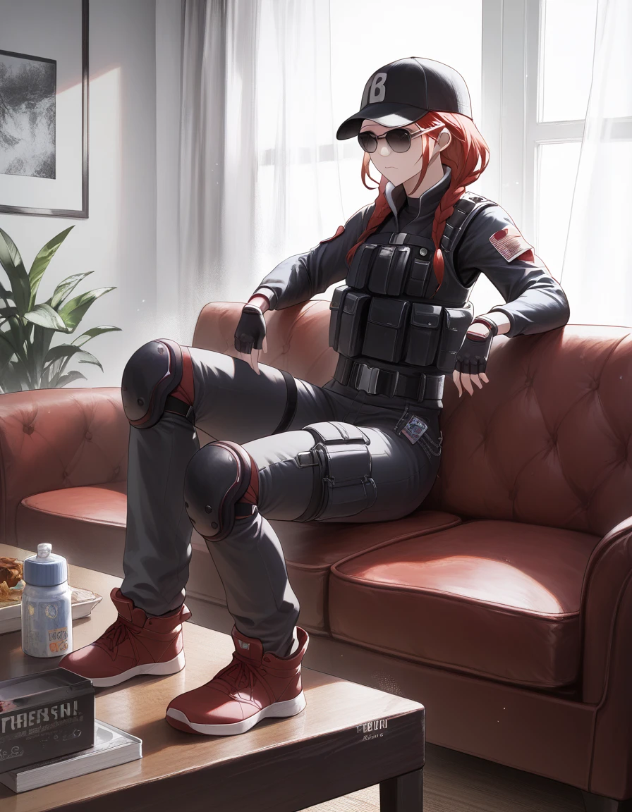 check_9, check_8, check_7, source_Anime,
smoke, asdef, Red hair, black jacket, black shirt, long sleeves, bulletproof vest, black trousers, knee pads, fingerless gloves, baseball cap, sunglasses,
1 girl, One, living room, sofa, relaxing