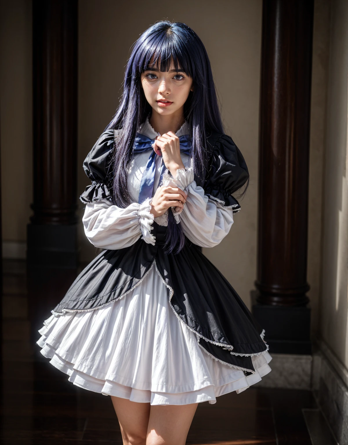 1 chica, full body photography, athletic, strong woman body, slim woman body, bowtie, frills, black dress, puffy sleeves, short over long sleeves, long sleeves, deep-blue hair, long hair, frederica bernkastel, tall woman, standing, amazing legs, realistic natural purple hair style, dress, bowtie, mary janes, socks, cat tail, tail bow, tail ornament, purple eyes, constituir, Volumetric lighting, best quality, masterpiece, detalles intrincados, mapeo de tonos, sharp focus, hiper detallado, tendencia en artstation, Realista, belleza de talla mundial, joy face, vista frontal, detailed background, centered photo, perfectly drawn hands, dress closed at the neck, white wide sleeves, extremely detailed clothing,