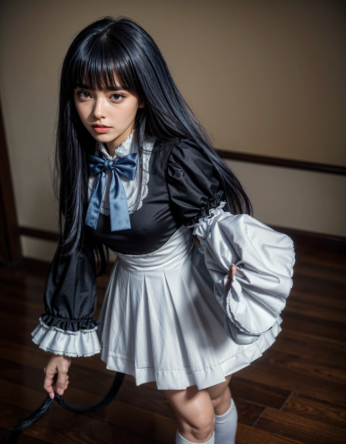 1 chica, full body photography, athletic, strong woman body, slim woman body, bowtie, frills, black dress, puffy sleeves, short over long sleeves, long sleeves, deep-blue hair, long hair, frederica bernkastel, tall woman, standing, amazing legs, realistic natural purple hair style, dress, bowtie, mary janes, socks, cat tail, tail bow, tail ornament, purple eyes, constituir, Volumetric lighting, best quality, masterpiece, detalles intrincados, mapeo de tonos, sharp focus, hiper detallado, tendencia en artstation, Realista, belleza de talla mundial, joy face, vista frontal, detailed background, centered photo, perfectly drawn hands, dress closed at the neck, white wide sleeves, extremely detailed clothing,