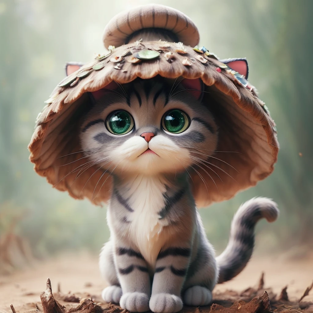 The tricolor cat wears a hat in the shape of a "matcha green poisonous mushroom" on its head。
Its body is like a poisonous mushroom,body becomes round,The feet also become round and short,But without losing the cat’s hair and mobility。
Eyes become round and big,One green eye,The other eye is sapphire blue。
The tail is a cat's tail,The head of the tail is like the head of a poisonous mushroom
