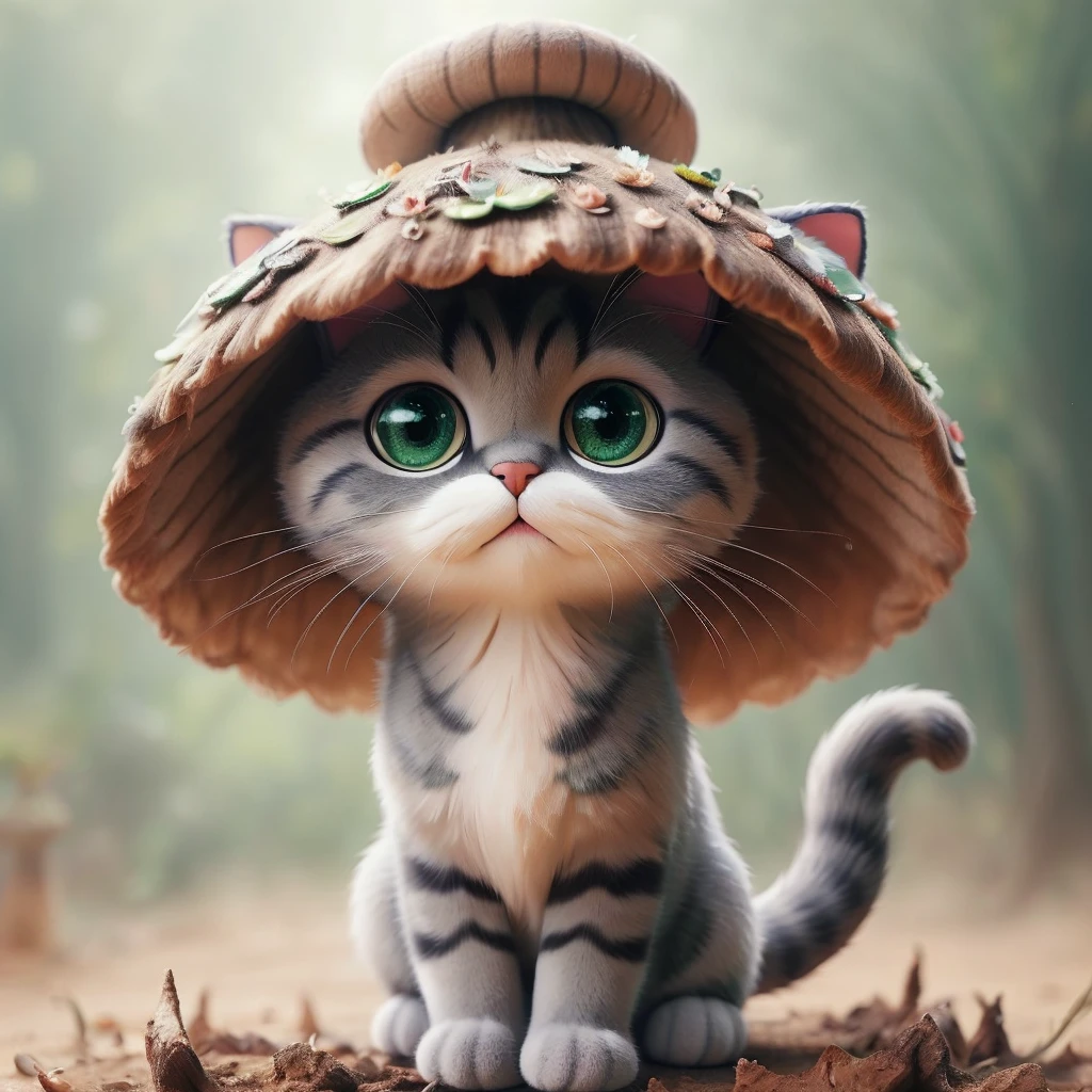 The tricolor cat wears a hat in the shape of a "matcha green poisonous mushroom" on its head。
Its body is like a poisonous mushroom,body becomes round,The feet also become round and short,But without losing the cat’s hair and mobility。
Eyes become round and big,One green eye,The other eye is sapphire blue。
The tail is a cat's tail,The head of the tail is like the head of a poisonous mushroom