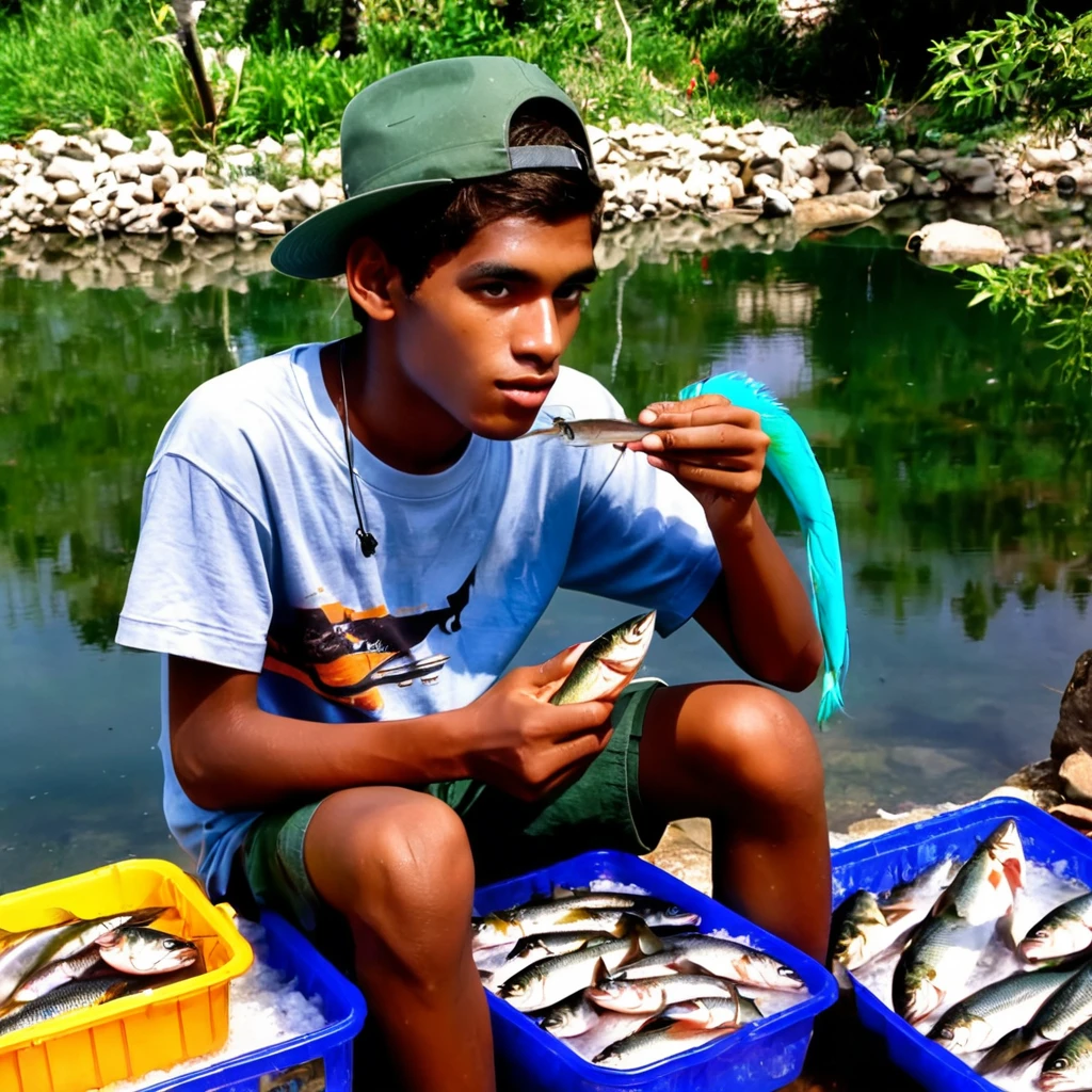 a teenager age man fishing and selling his fish