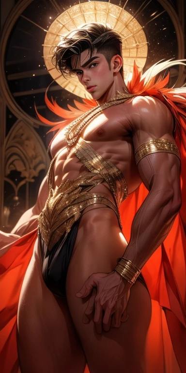masterpiece, ((masterpiece)), Best quality, complex parts, perfect Whimsical, gentle, a little feminine face, detailed face, Highly detailed and fine figurine, ultra-realistic, detailed body, detailed pectoral muscles, ((Boy's focus)), detailed muscles, convex, (((A handsome boy, ))), athletic build, ((ideal body)), aesthetically beautiful, erotically tempting, seducing, offering himself With a beautiful sexy tango panti With round perfect buttocks, Rear view from bottom to top muscular, sweaty after a workout, In a Venetian mask with peacock and bird of paradise feathers, In White, red and gold colors, diamond chips all over the body , Watercolor, in the style of Caravaggio